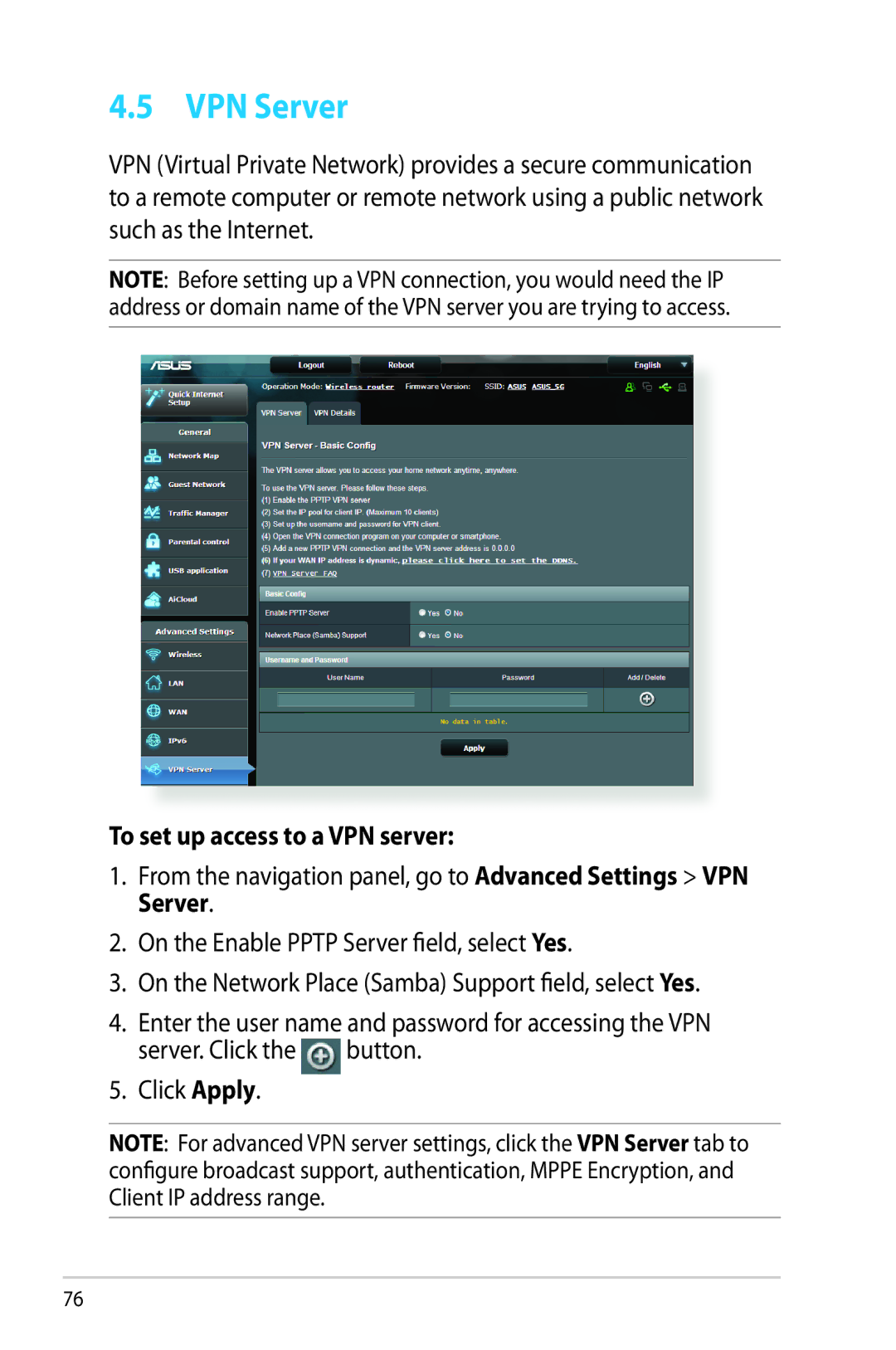 Asus RT-AC68R manual VPN Server, To set up access to a VPN server 