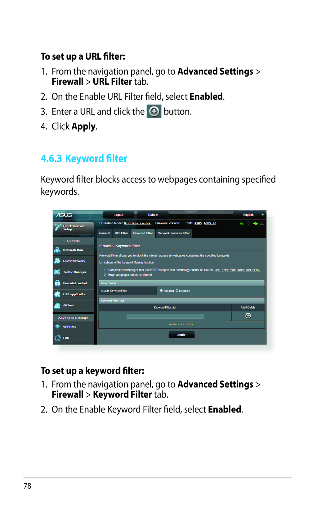 Asus RT-AC68R manual Keyword filter, To set up a URL filter, To set up a keyword filter 