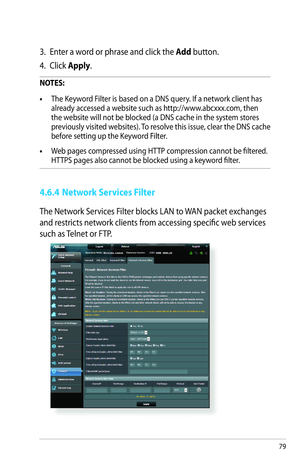 Asus RT-AC68R manual Network Services Filter, Enter a word or phrase and click the Add button Click Apply 