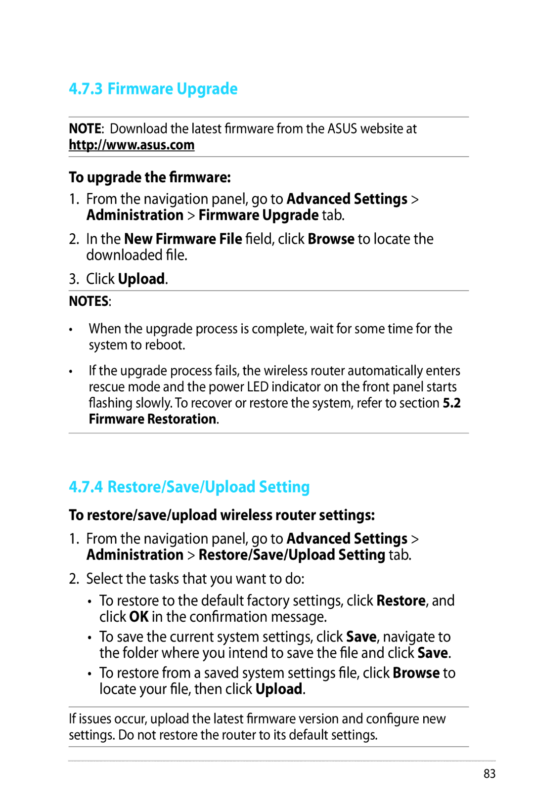 Asus RT-AC68R Firmware Upgrade, Restore/Save/Upload Setting, To upgrade the firmware, Select the tasks that you want to do 