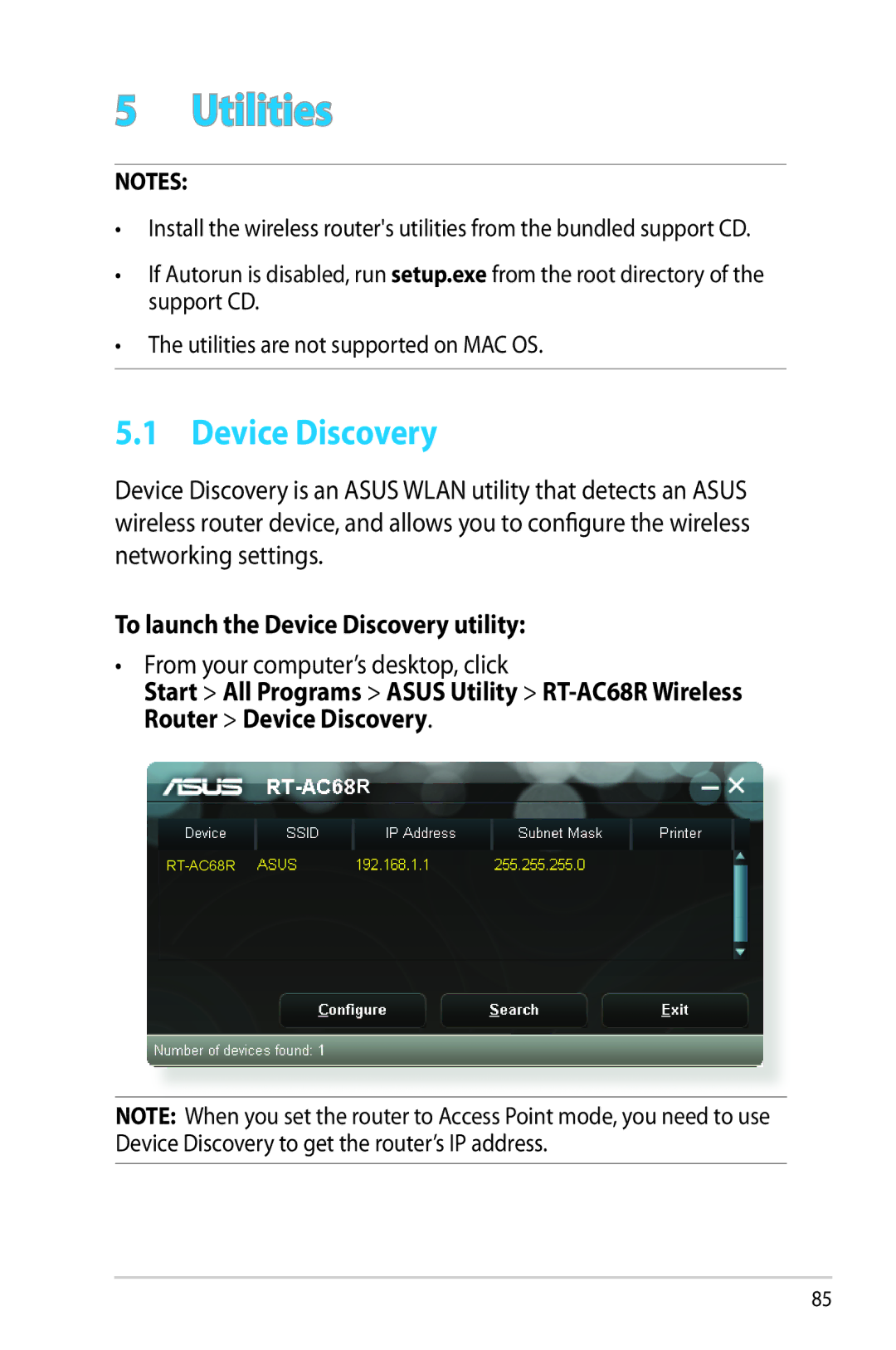 Asus RT-AC68R manual To launch the Device Discovery utility, From your computer’s desktop, click 