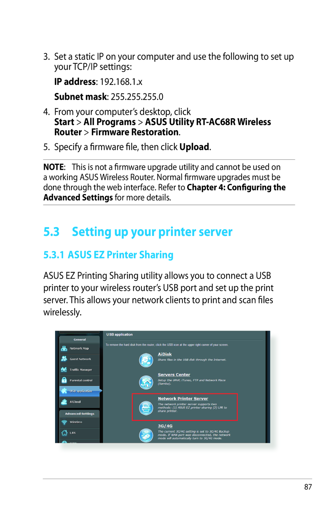 Asus RT-AC68R manual Setting up your printer server, Asus EZ Printer Sharing, Specify a firmware file, then clickUpload 