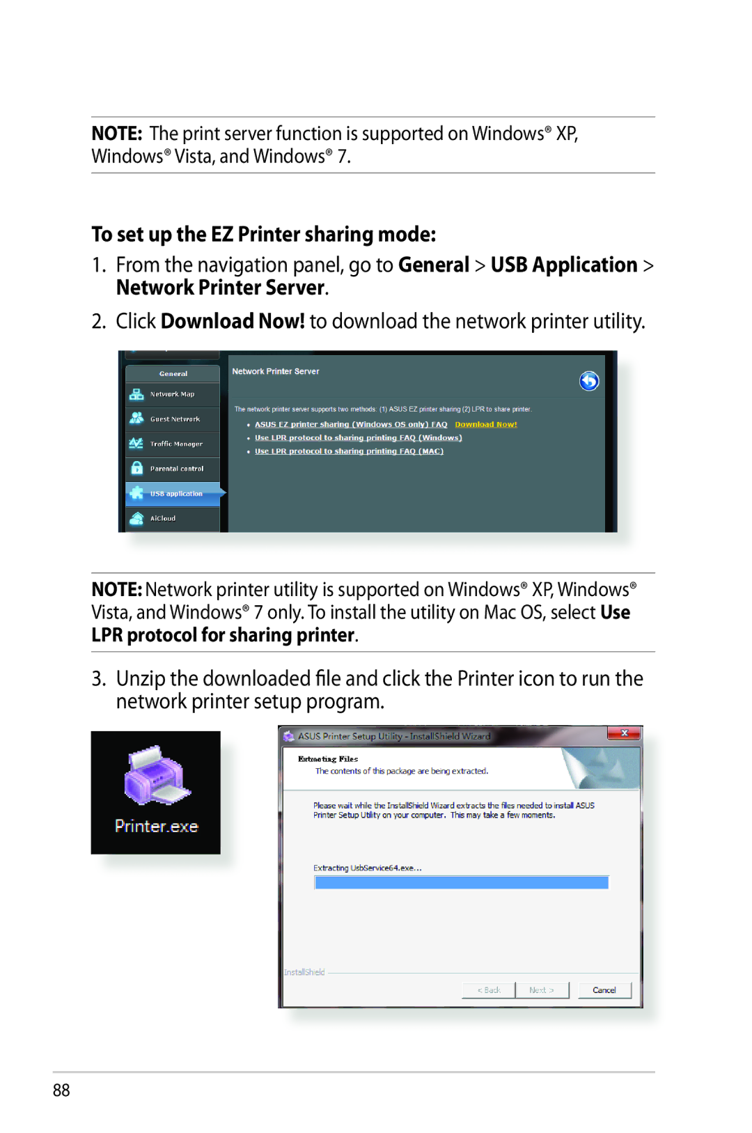 Asus RT-AC68R manual To set up the EZ Printer sharing mode 