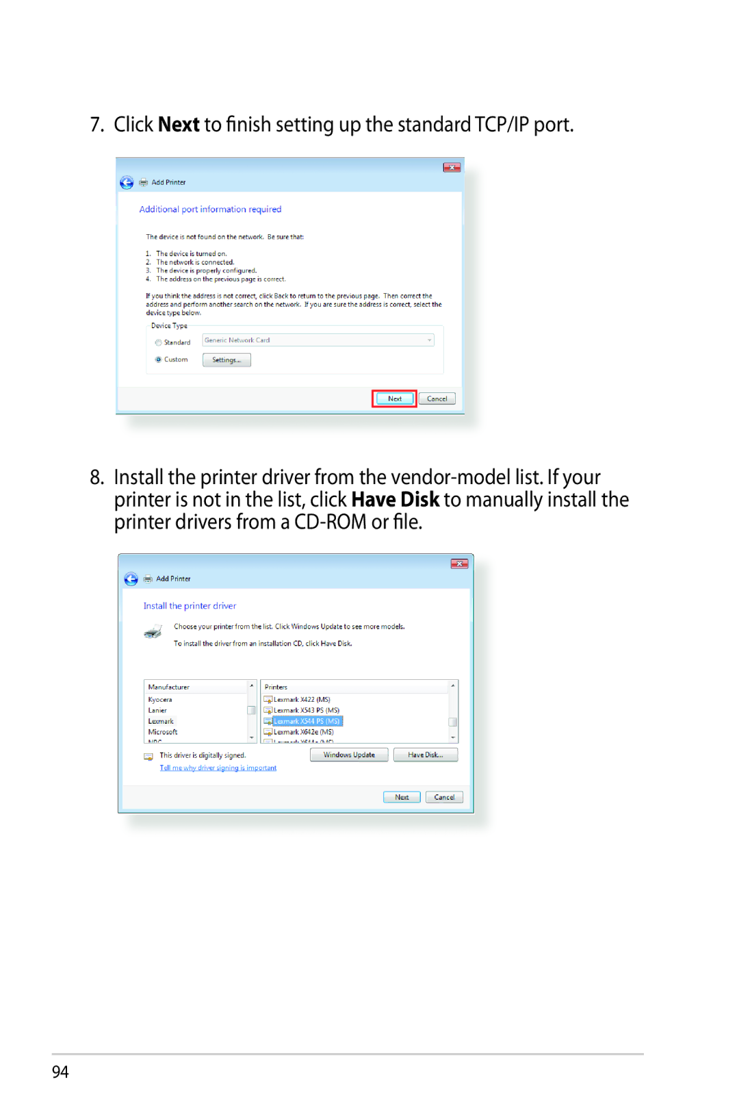 Asus RT-AC68R manual Click Next to finish setting up the standard TCP/IP port 