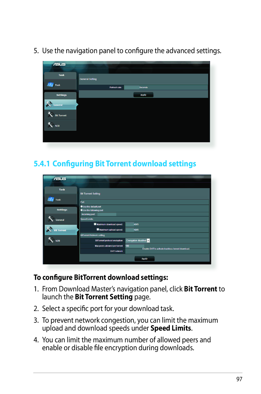 Asus RT-AC68R manual Configuring Bit Torrent download settings, Use the navigation panel to configure the advanced settings 