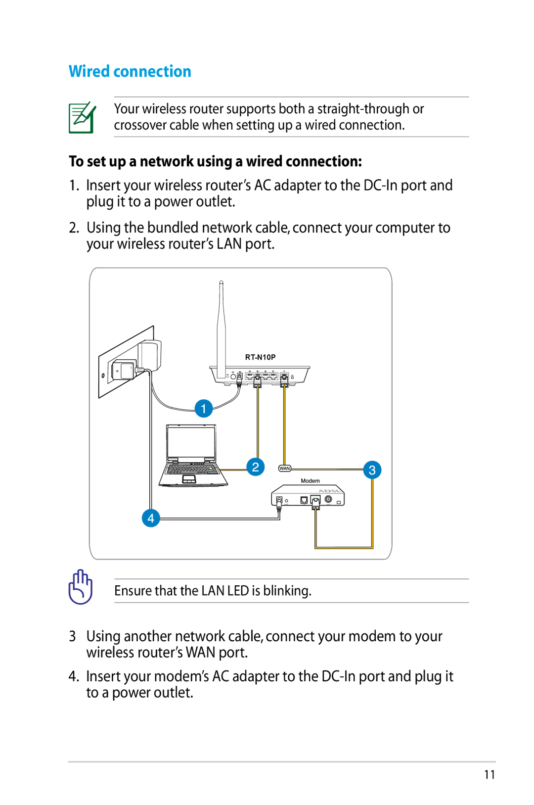 Asus RTN10P, RT-N10P manual Wired connection, To set up a network using a wired connection 