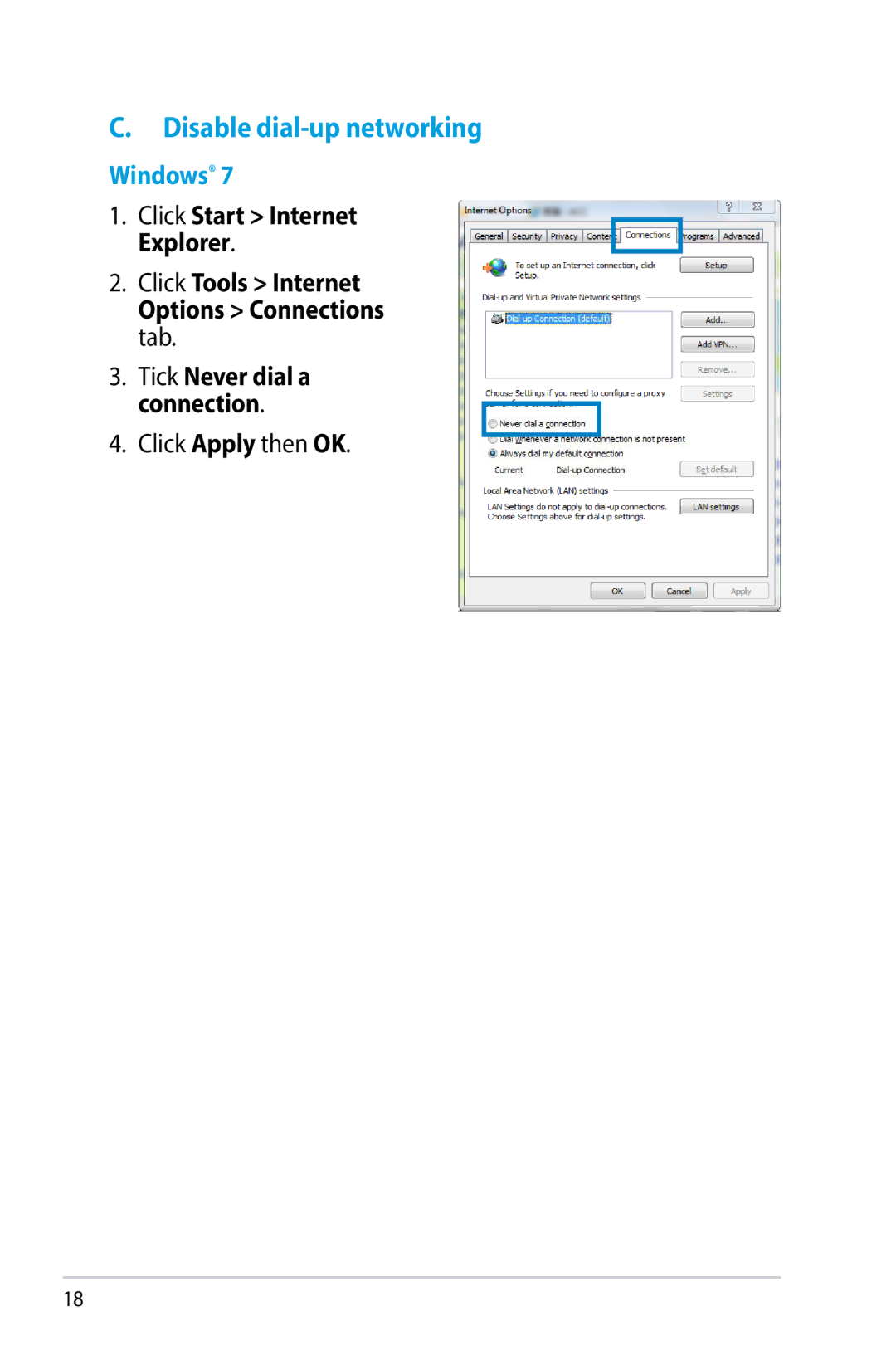 Asus RT-N10P, RTN10P manual Disable dial-up networking 