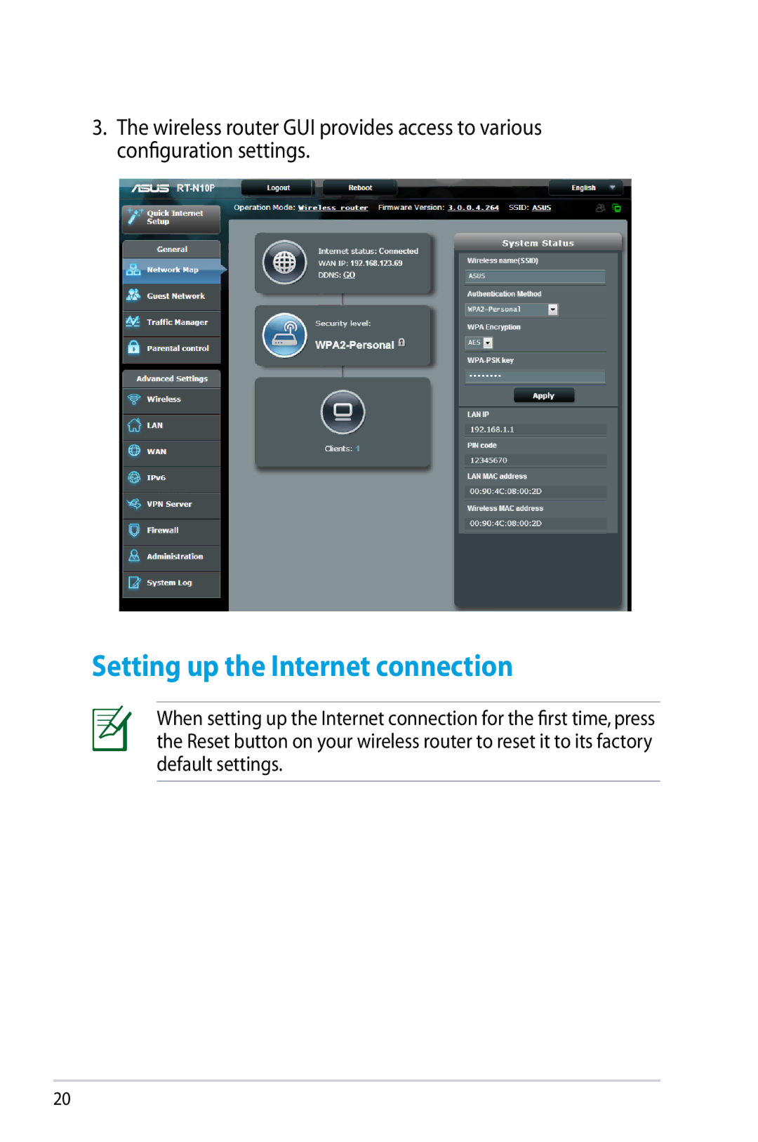 Asus RT-N10P, RTN10P manual Setting up the Internet connection 