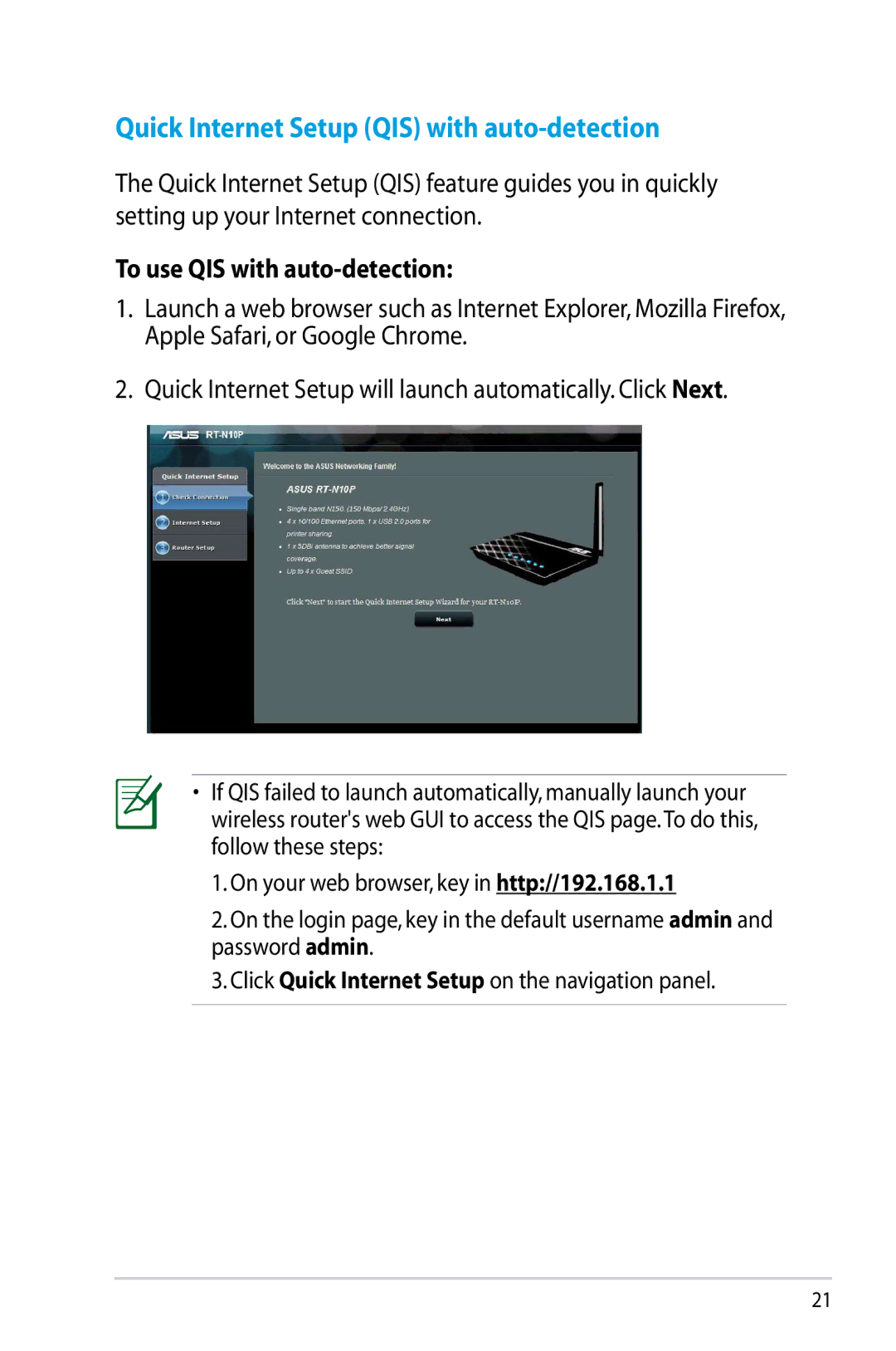 Asus RTN10P, RT-N10P manual Quick Internet Setup QIS with auto-detection, To use QIS with auto-detection 