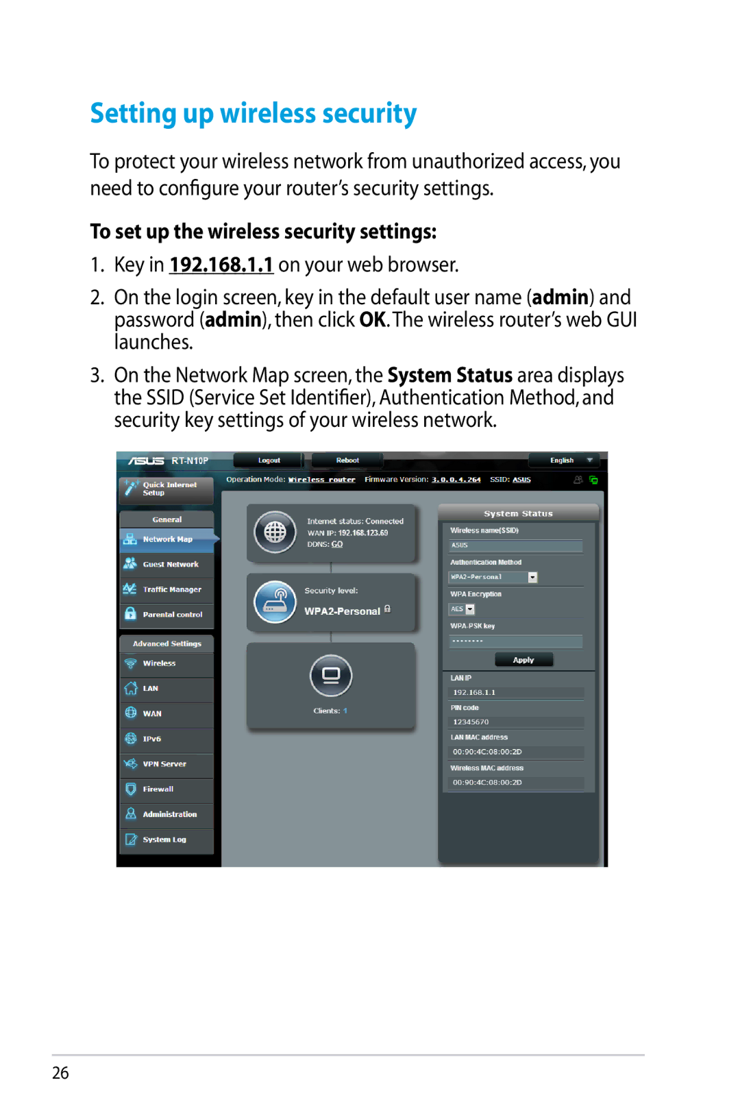 Asus RT-N10P, RTN10P manual Setting up wireless security, To set up the wireless security settings 