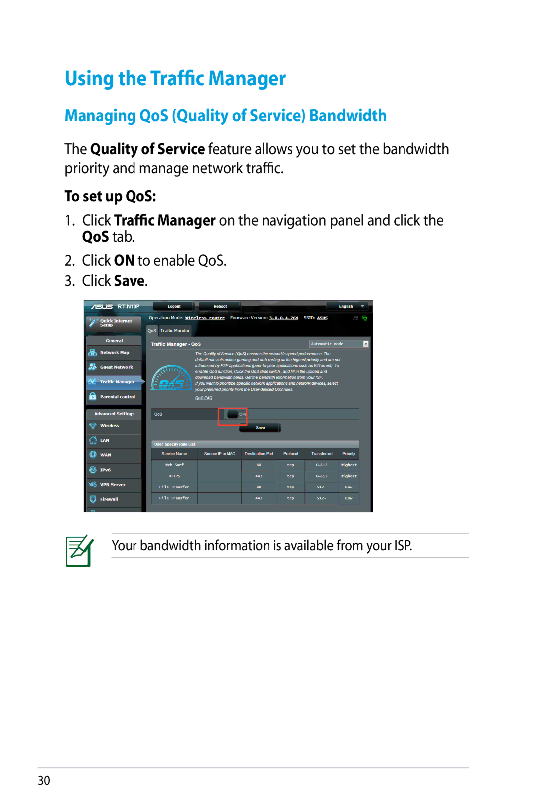 Asus RT-N10P, RTN10P manual Using the Traffic Manager, Managing QoS Quality of Service Bandwidth, To set up QoS 