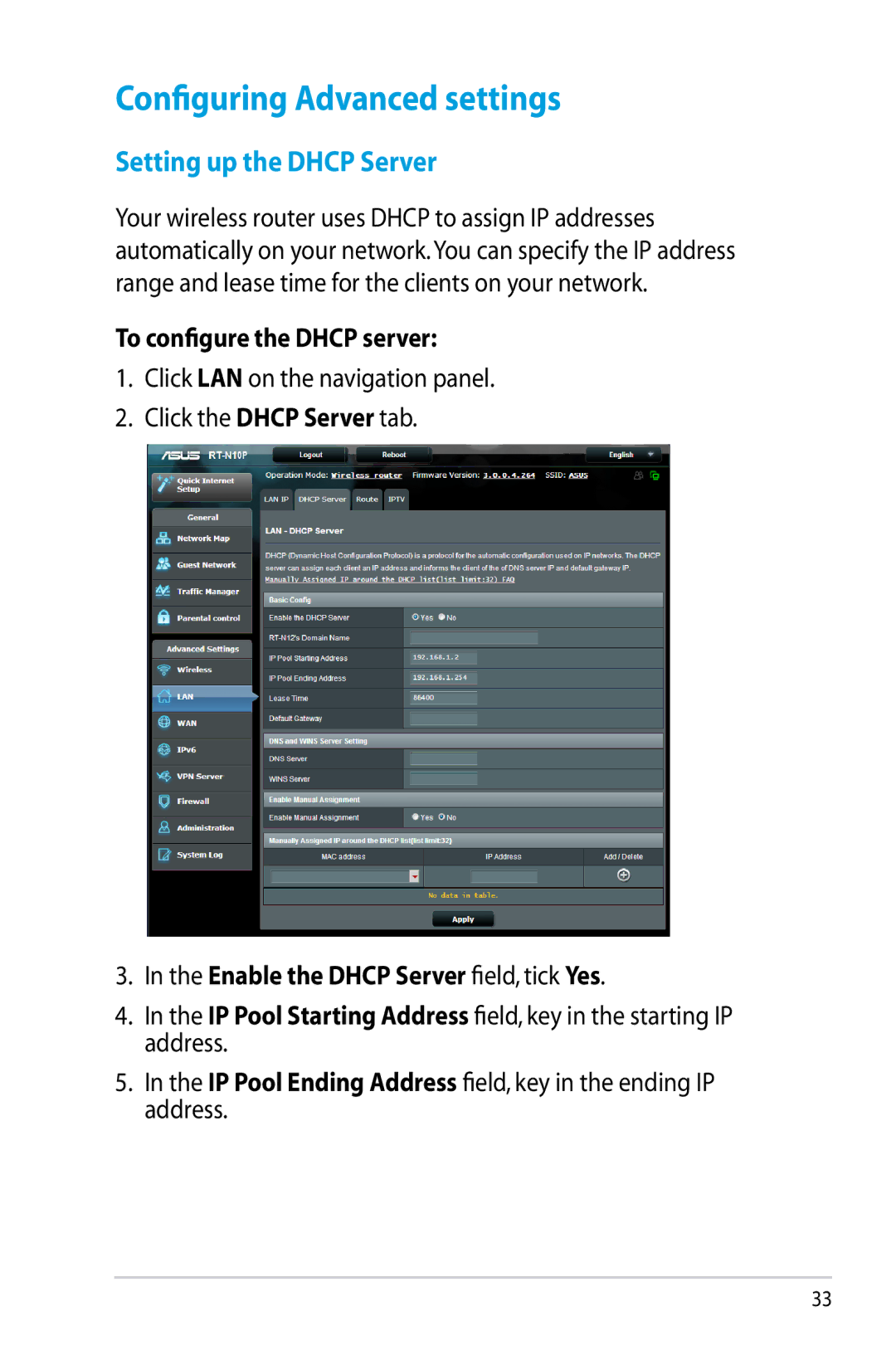 Asus RTN10P, RT-N10P manual Configuring Advanced settings, Setting up the Dhcp Server, To configure the Dhcp server 