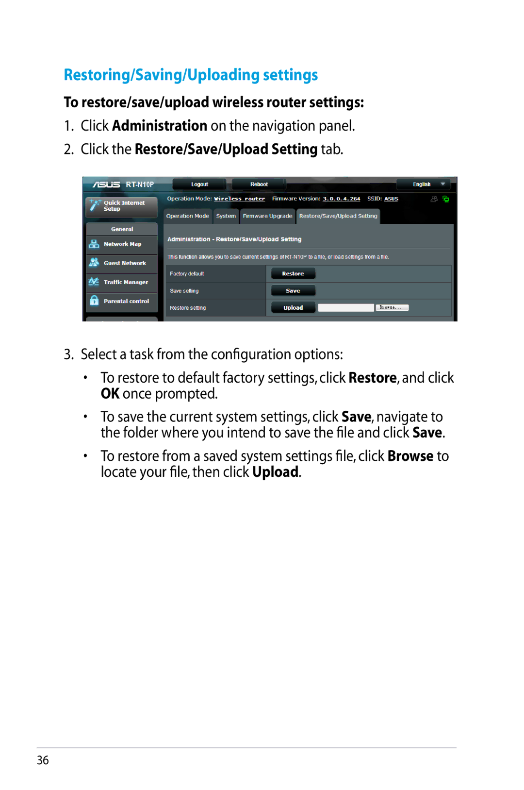 Asus RT-N10P, RTN10P manual Restoring/Saving/Uploading settings, To restore/save/upload wireless router settings 