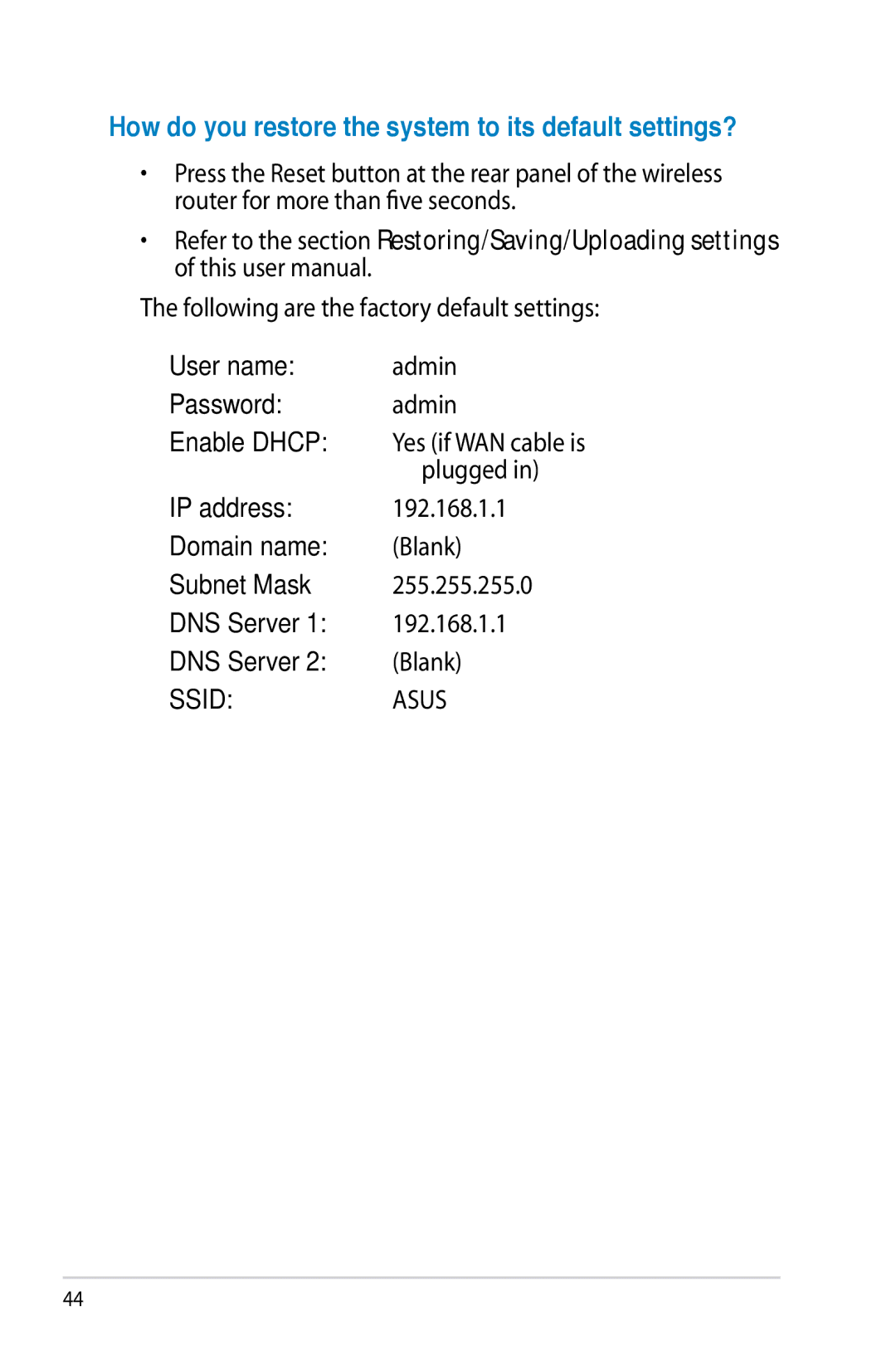 Asus RT-N10P, RTN10P manual User name, Password, Enable Dhcp, IP address, Domain name, Subnet Mask, DNS Server 