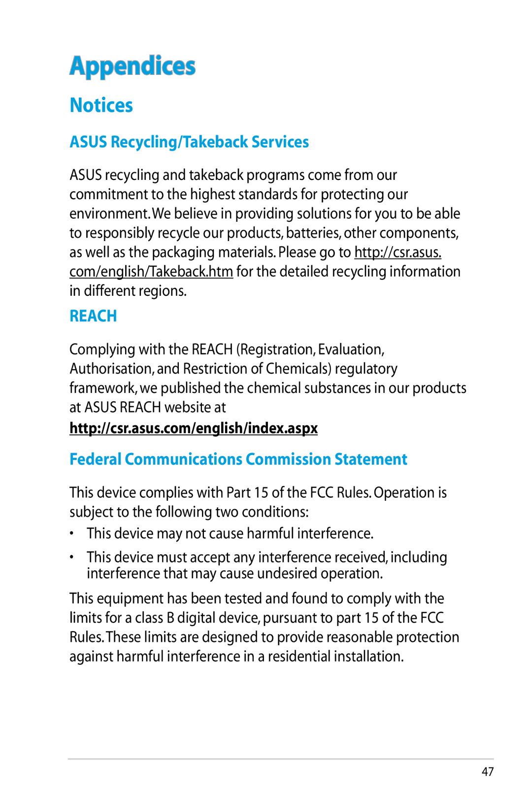 Asus RTN10P, RT-N10P manual Asus Recycling/Takeback Services, Federal Communications Commission Statement 