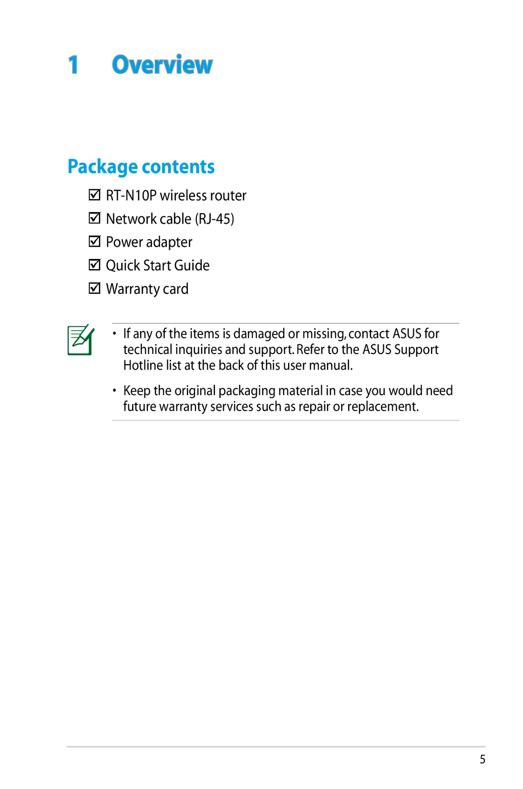 Asus RTN10P, RT-N10P manual Overview, Package contents 