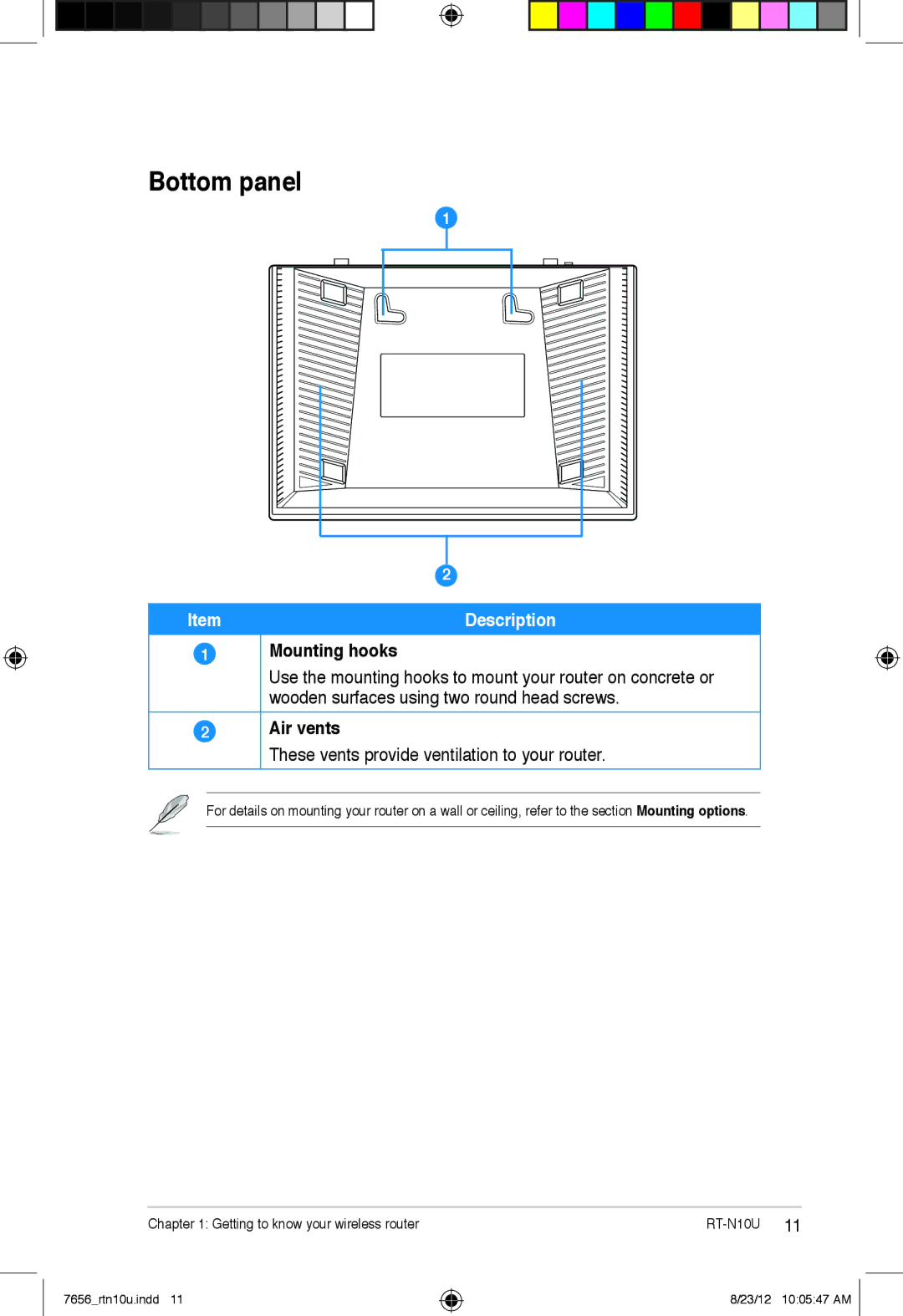 Asus RT-N10U user manual Bottom panel, Mounting hooks, Air vents 