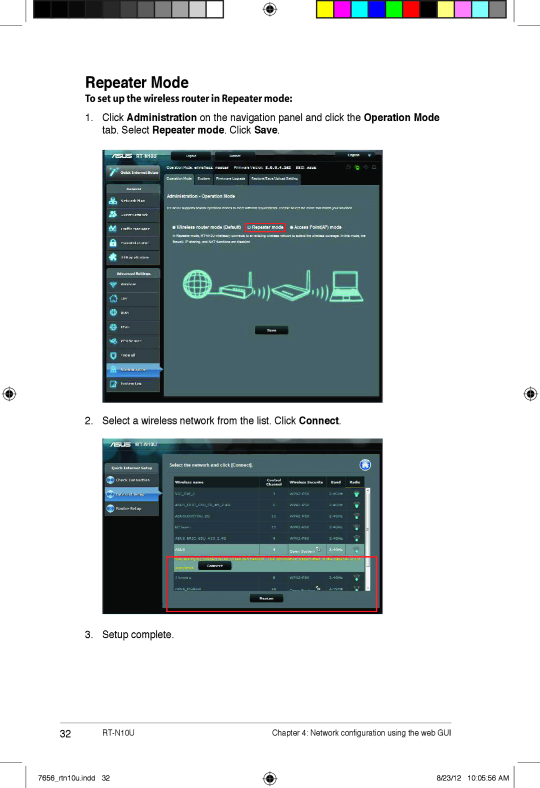 Asus RT-N10U user manual Repeater Mode, To set up the wireless router in Repeater mode 