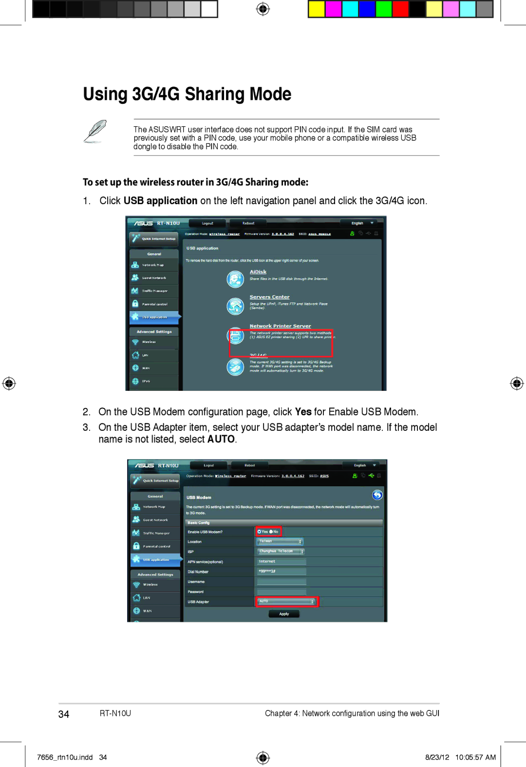 Asus RT-N10U user manual Using 3G/4G Sharing Mode, To set up the wireless router in 3G/4G Sharing mode 