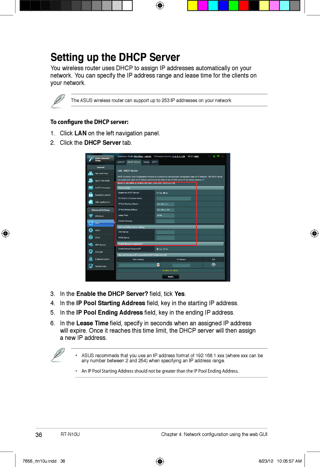 Asus RT-N10U user manual Setting up the Dhcp Server, To configure the Dhcp server, Enable the Dhcp Server? field, tick Yes 