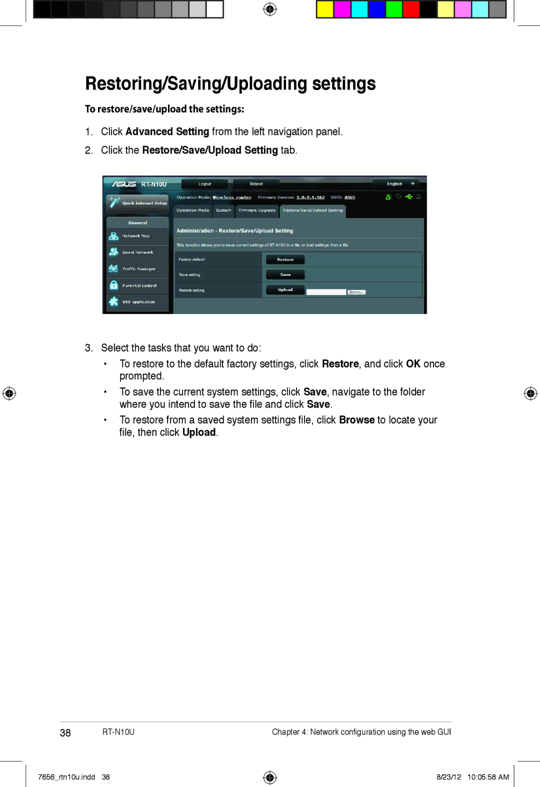 Asus RT-N10U user manual Restoring/Saving/Uploading settings, To restore/save/upload the settings 