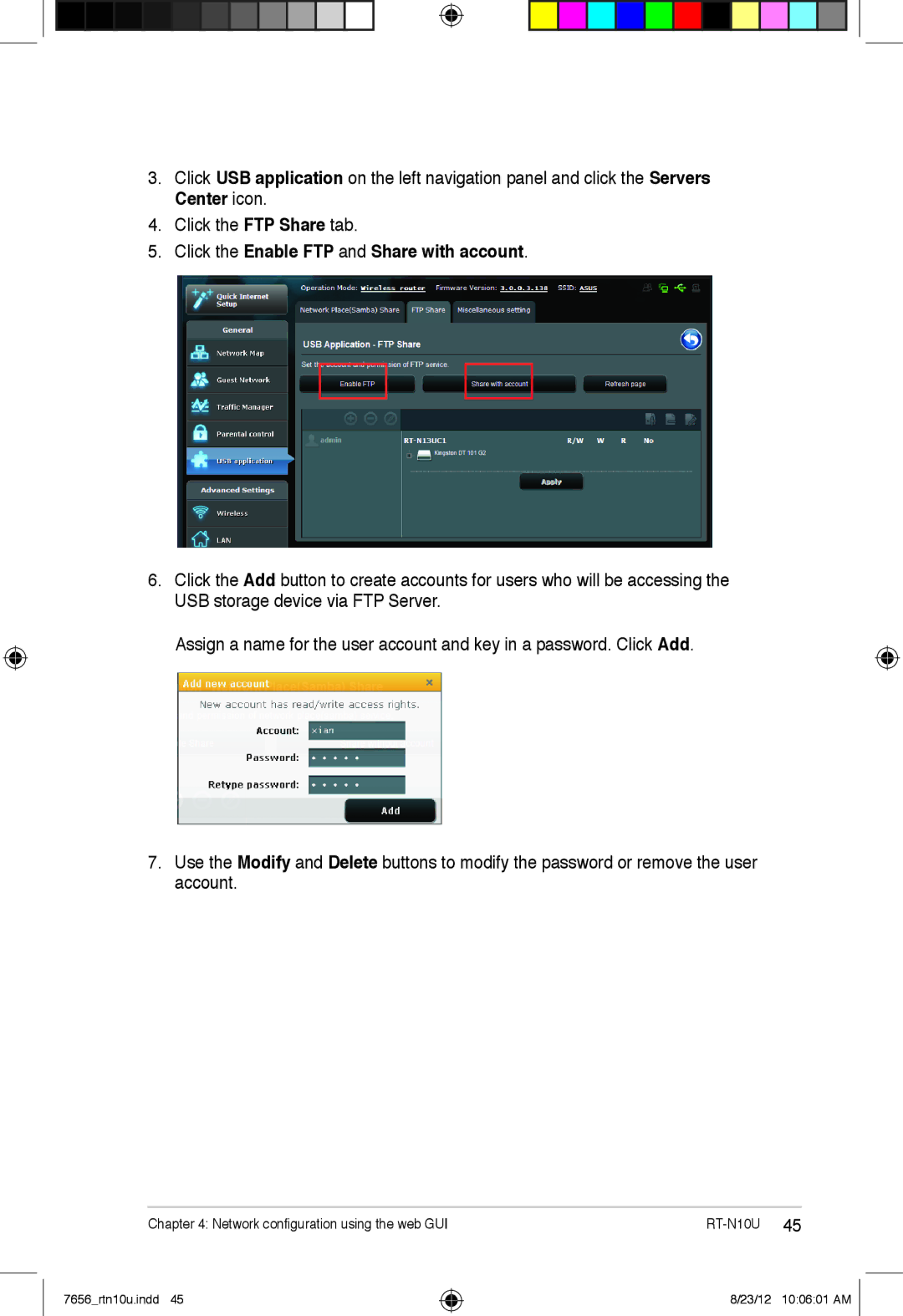 Asus RT-N10U user manual Click the Enable FTP and Share with account 