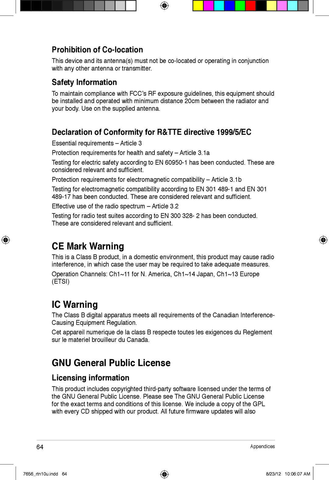 Asus RT-N10U user manual CE Mark Warning, IC Warning, GNU General Public License 