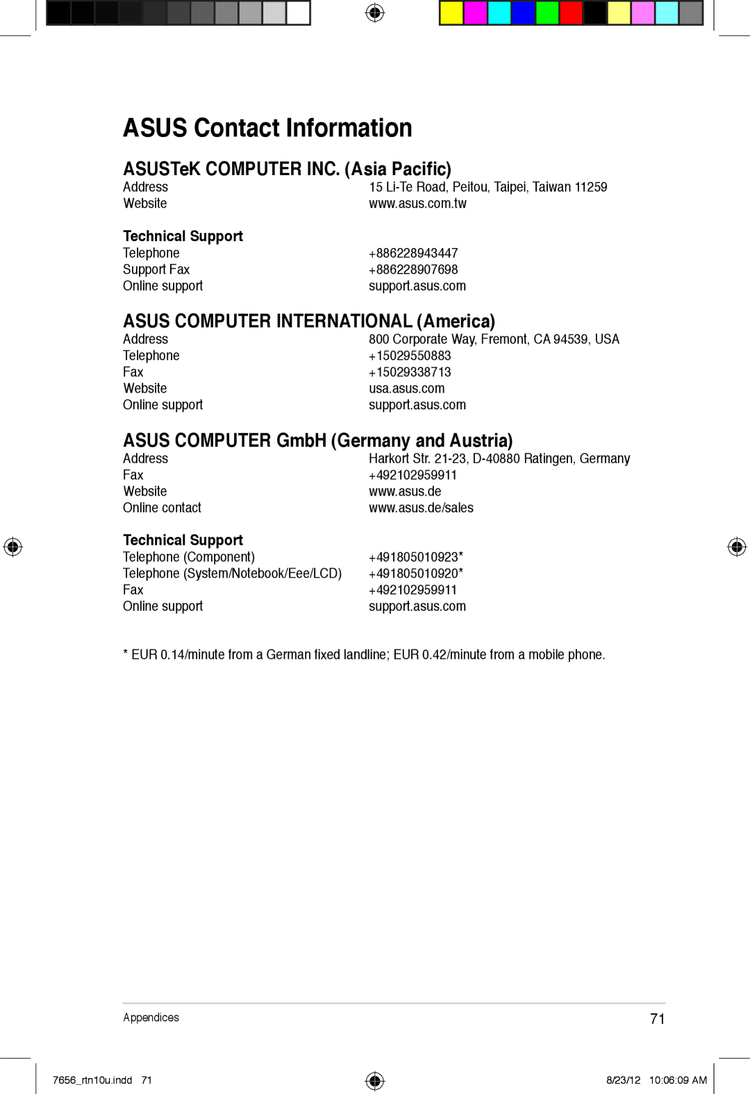 Asus RT-N10U user manual Asus Contact Information, Technical Support 