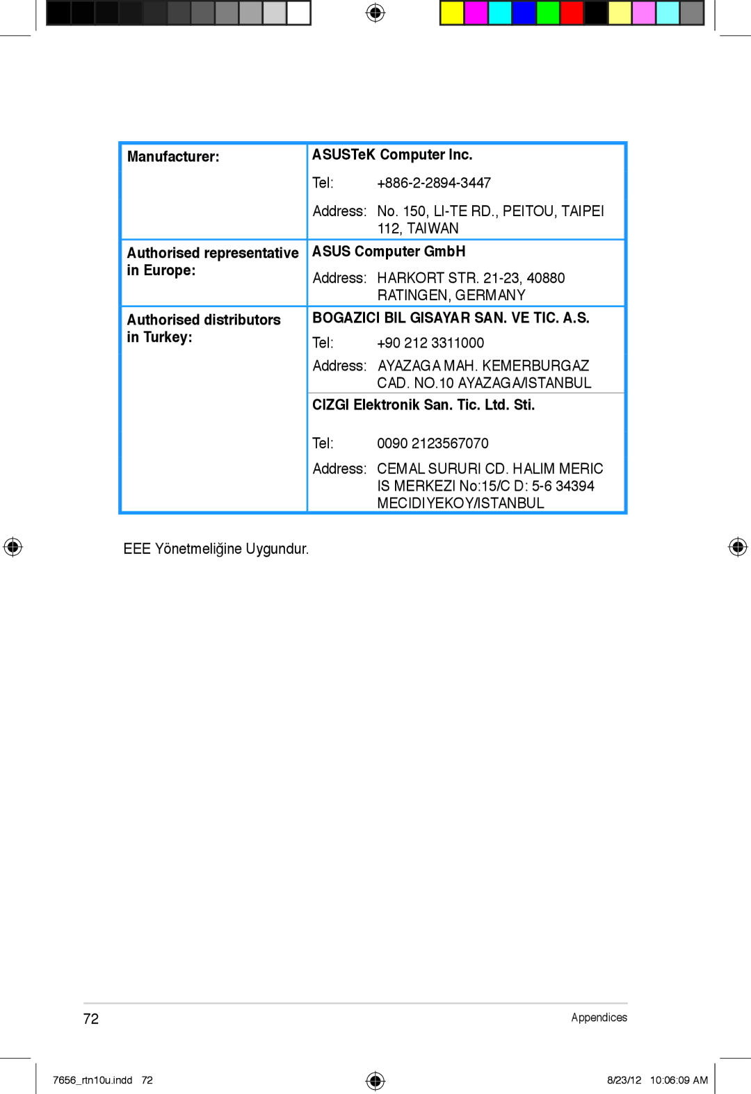 Asus RT-N10U user manual Manufacturer ASUSTeK Computer Inc, Asus Computer GmbH Europe, Authorised distributors, Turkey 