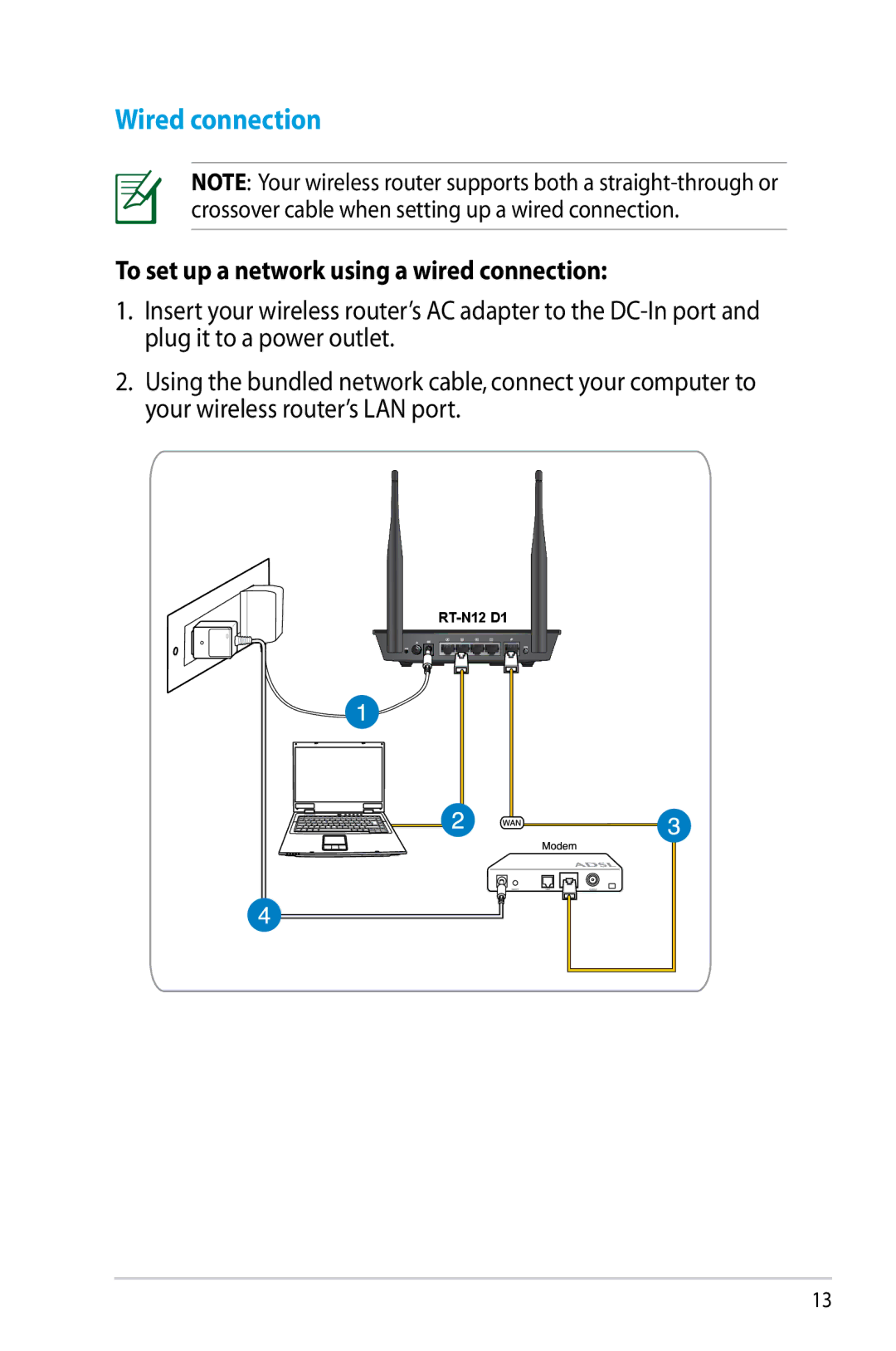 Asus RTN12D1, RT-N12/D1 manual Wired connection, To set up a network using a wired connection 