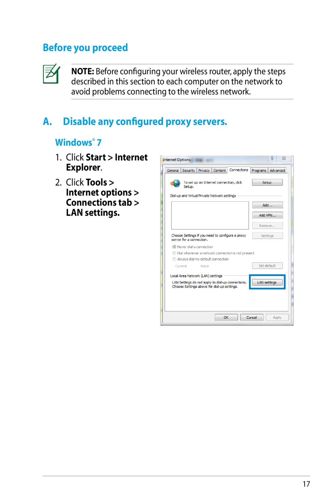 Asus RT-N12/D1 manual Before you proceed Disable any configured proxy servers, Click Start Internet Explorer Click Tools 