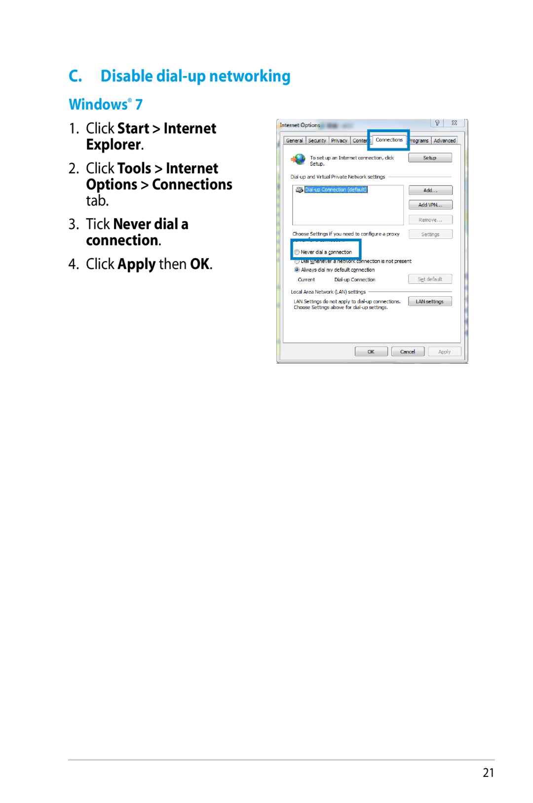 Asus RT-N12/D1, RTN12D1 manual Disable dial-up networking 