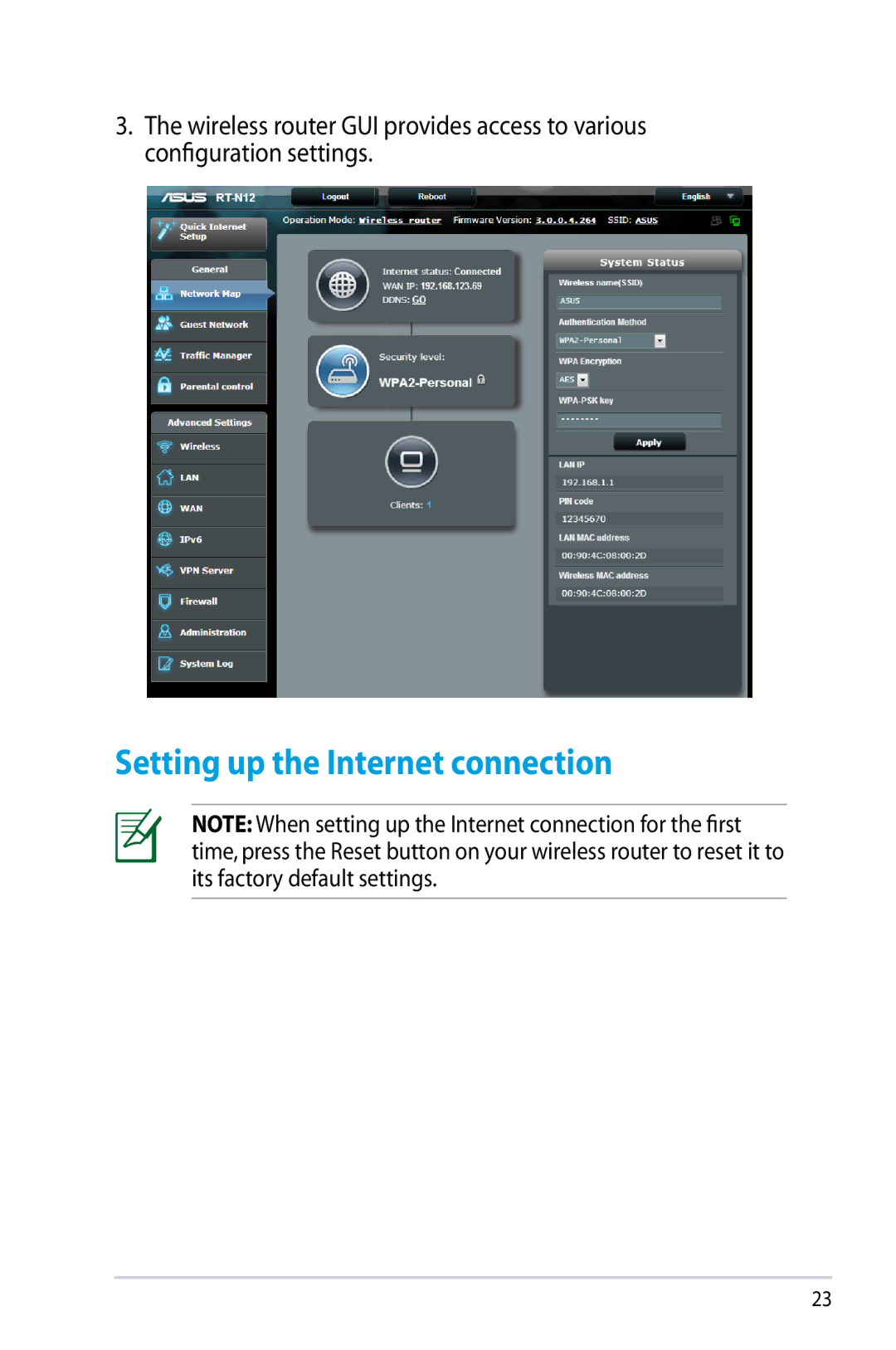 Asus RT-N12/D1, RTN12D1 manual Setting up the Internet connection 