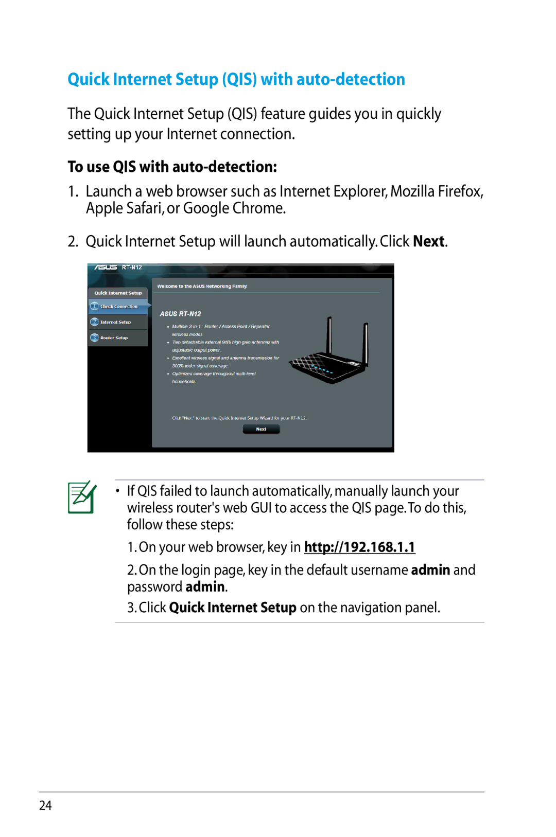 Asus RT-N12/D1, RTN12D1 manual Quick Internet Setup QIS with auto-detection, To use QIS with auto-detection 