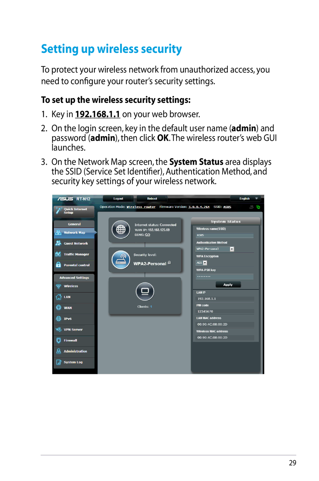 Asus RT-N12/D1, RTN12D1 manual Setting up wireless security, To set up the wireless security settings 