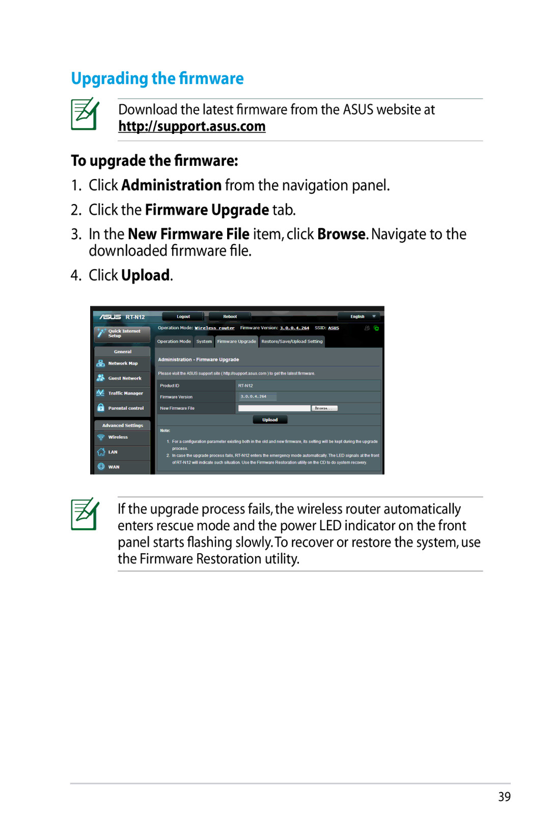 Asus RT-N12/D1, RTN12D1 manual Upgrading the firmware, To upgrade the firmware, Click the Firmware Upgrade tab 