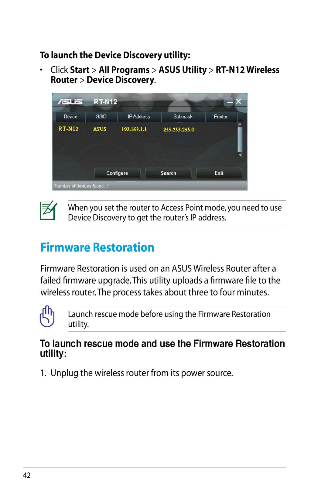 Asus RT-N12/D1, RTN12D1 manual Firmware Restoration, Unplug the wireless router from its power source 