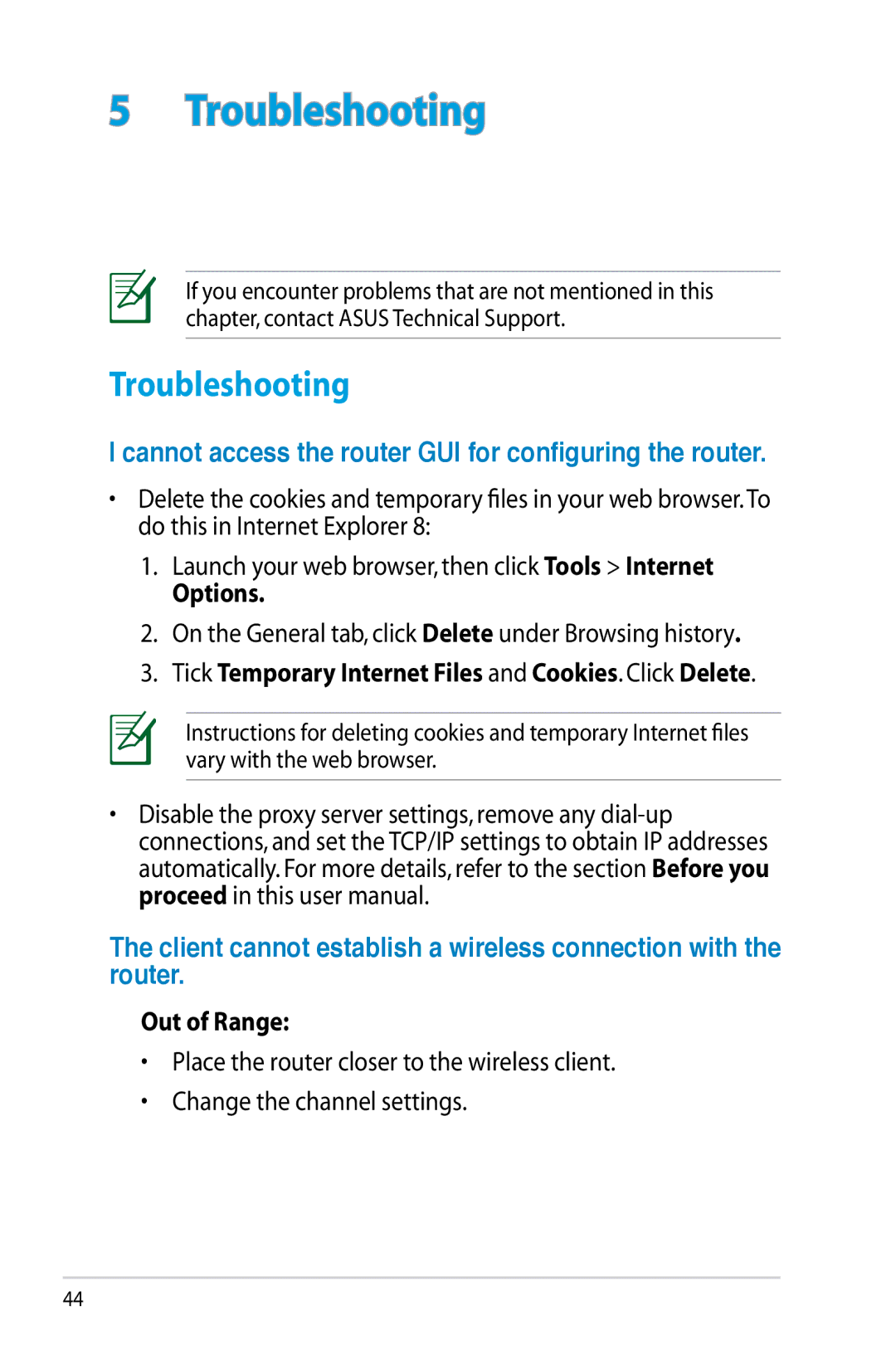 Asus RT-N12/D1, RTN12D1 Troubleshooting, Options, Tick Temporary Internet Files and Cookies. Click Delete, Out of Range 