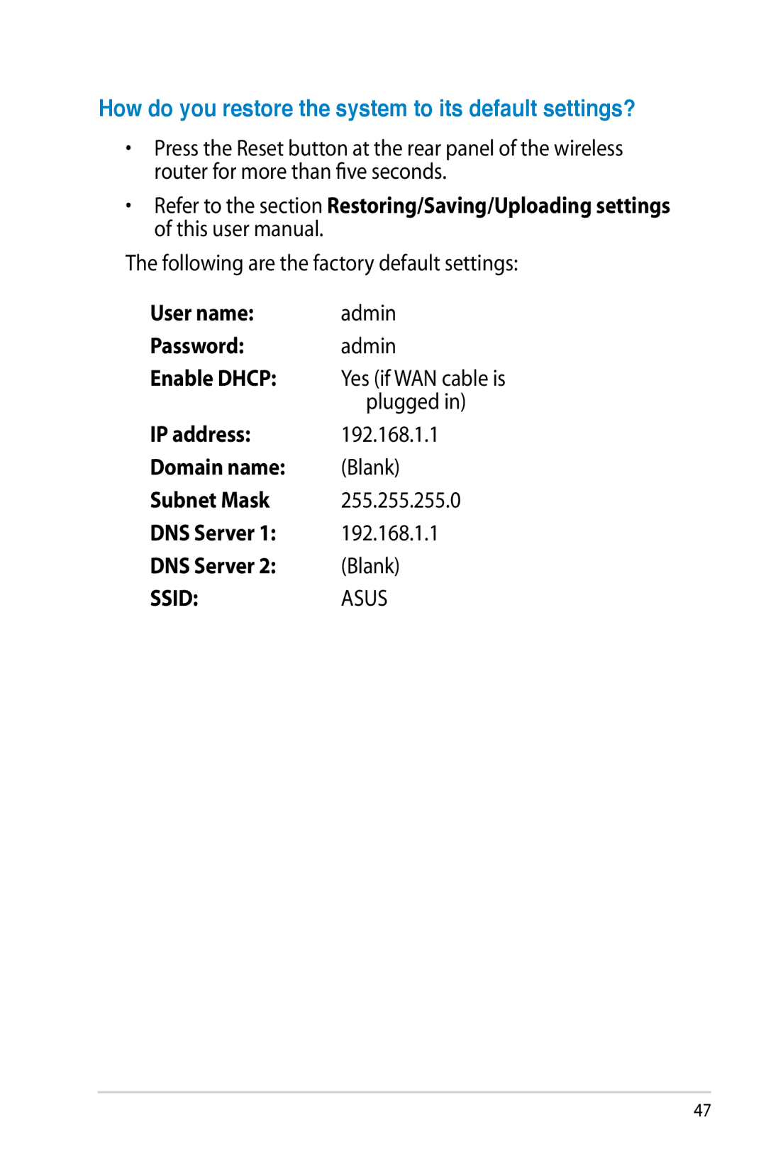 Asus RT-N12/D1, RTN12D1 manual User name, Password, Enable Dhcp, IP address, Domain name, Subnet Mask, DNS Server 