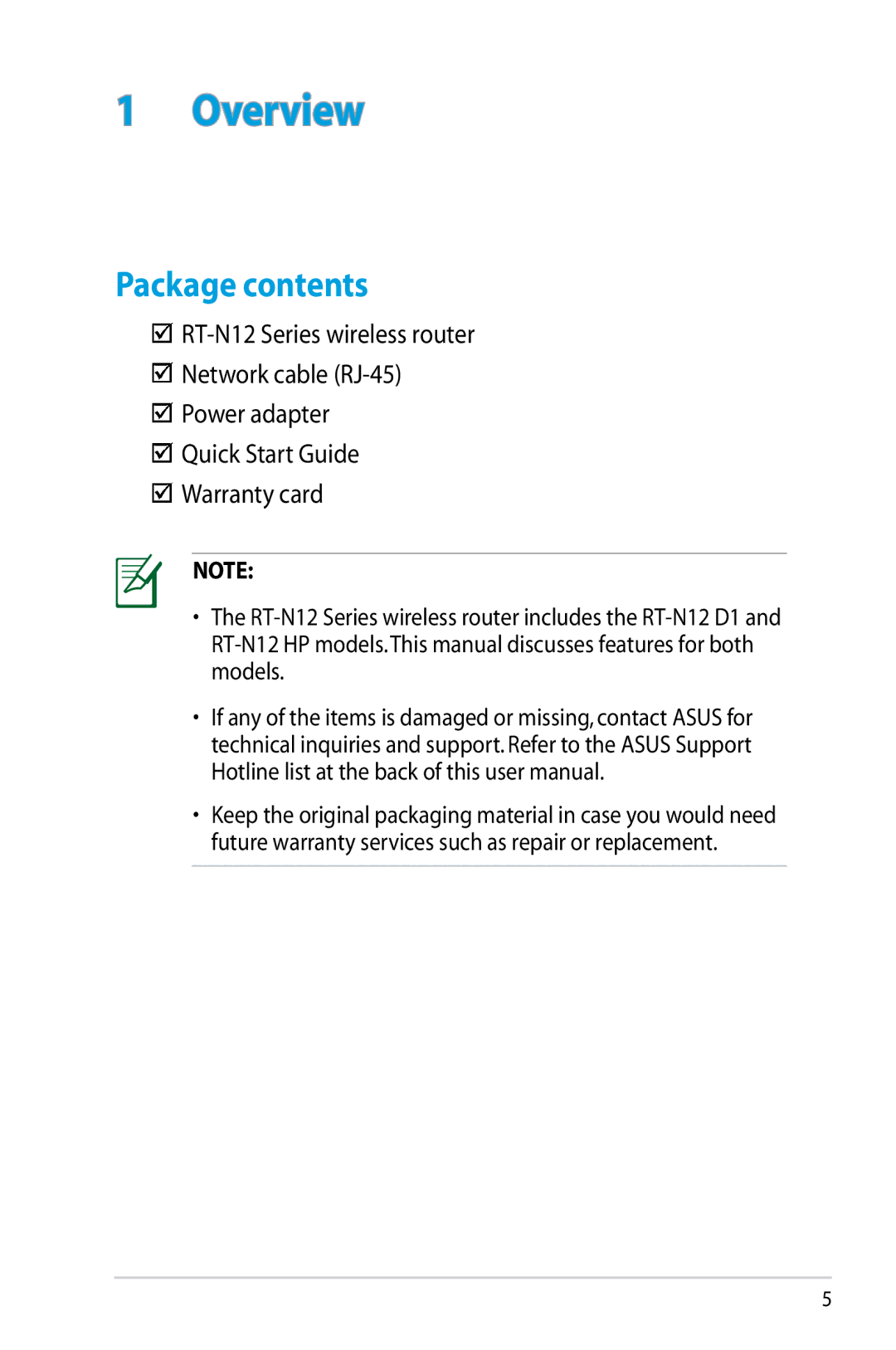 Asus RT-N12/D1, RTN12D1 manual Overview, Package contents 