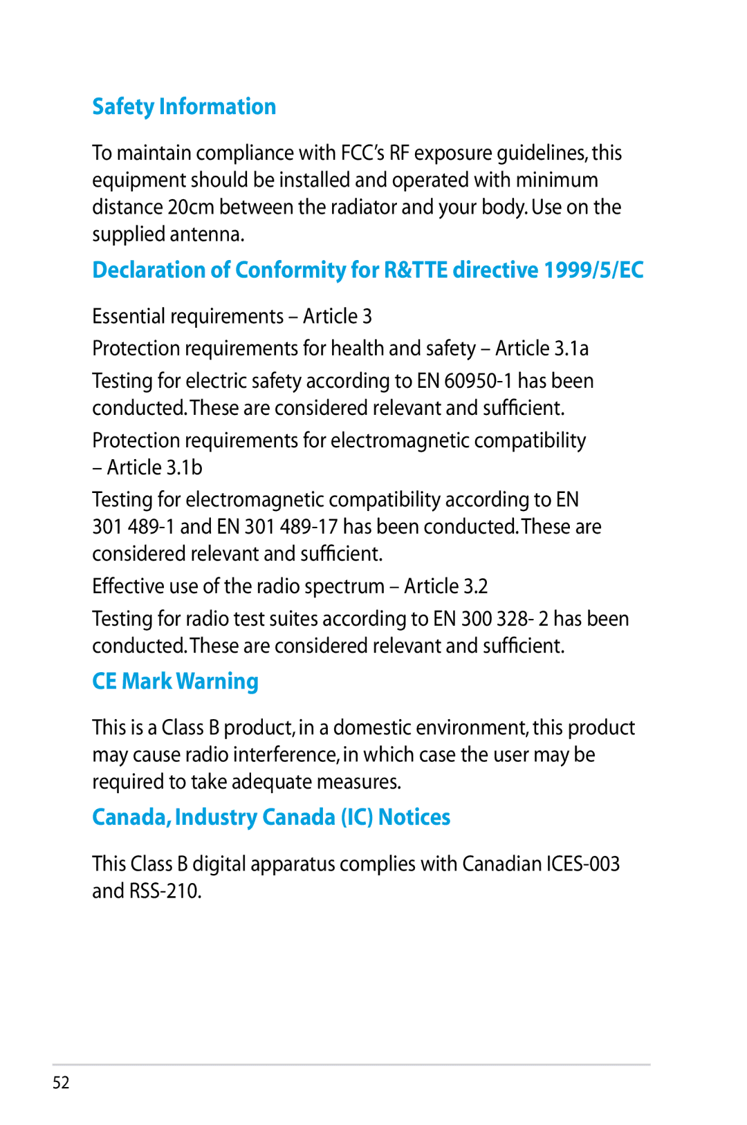 Asus RTN12D1, RT-N12/D1 manual Safety Information, Declaration of Conformity for R&TTE directive 1999/5/EC, CE Mark Warning 