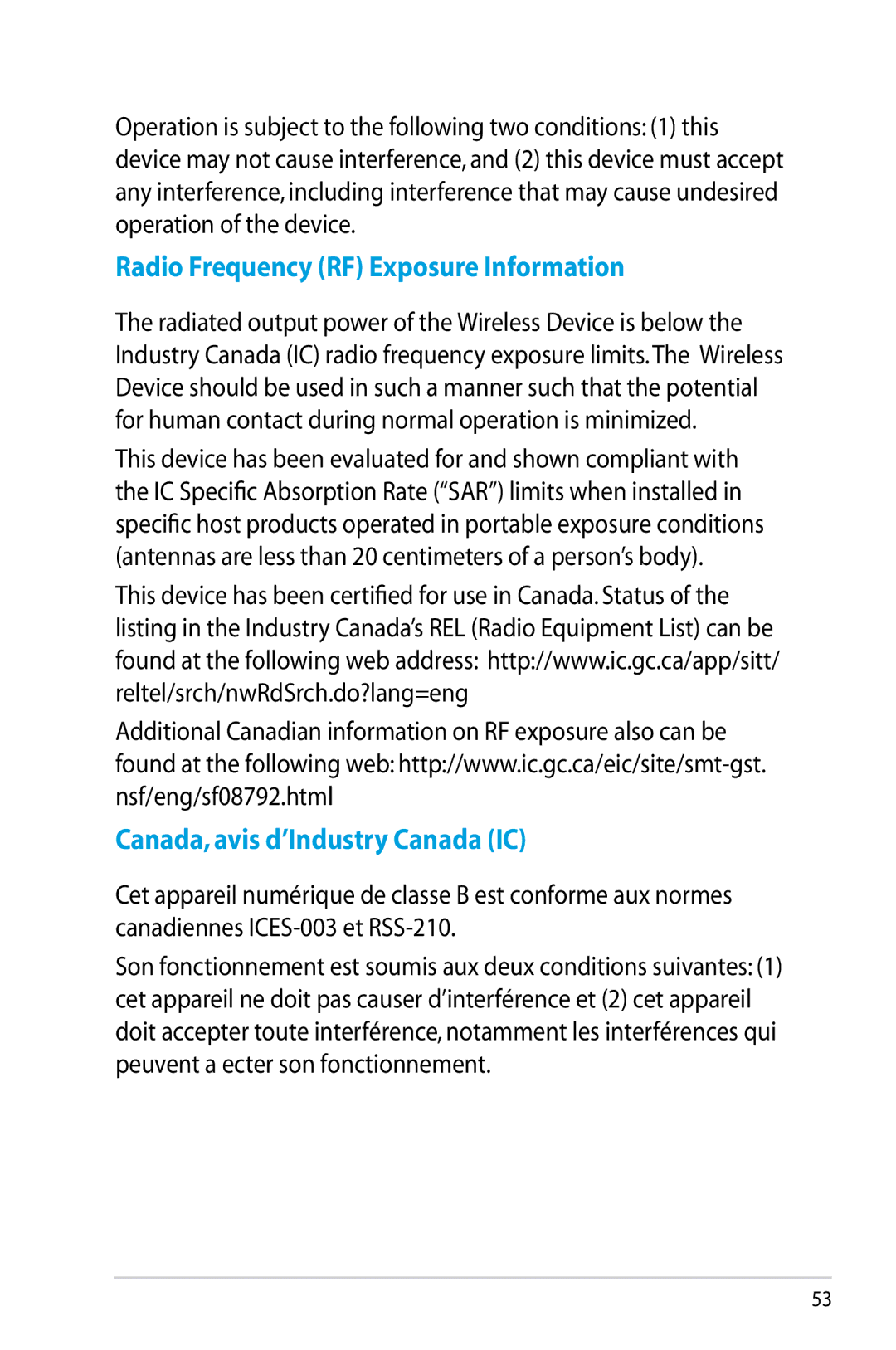 Asus RT-N12/D1, RTN12D1 manual Radio Frequency RF Exposure Information, Canada, avis d’Industry Canada IC 