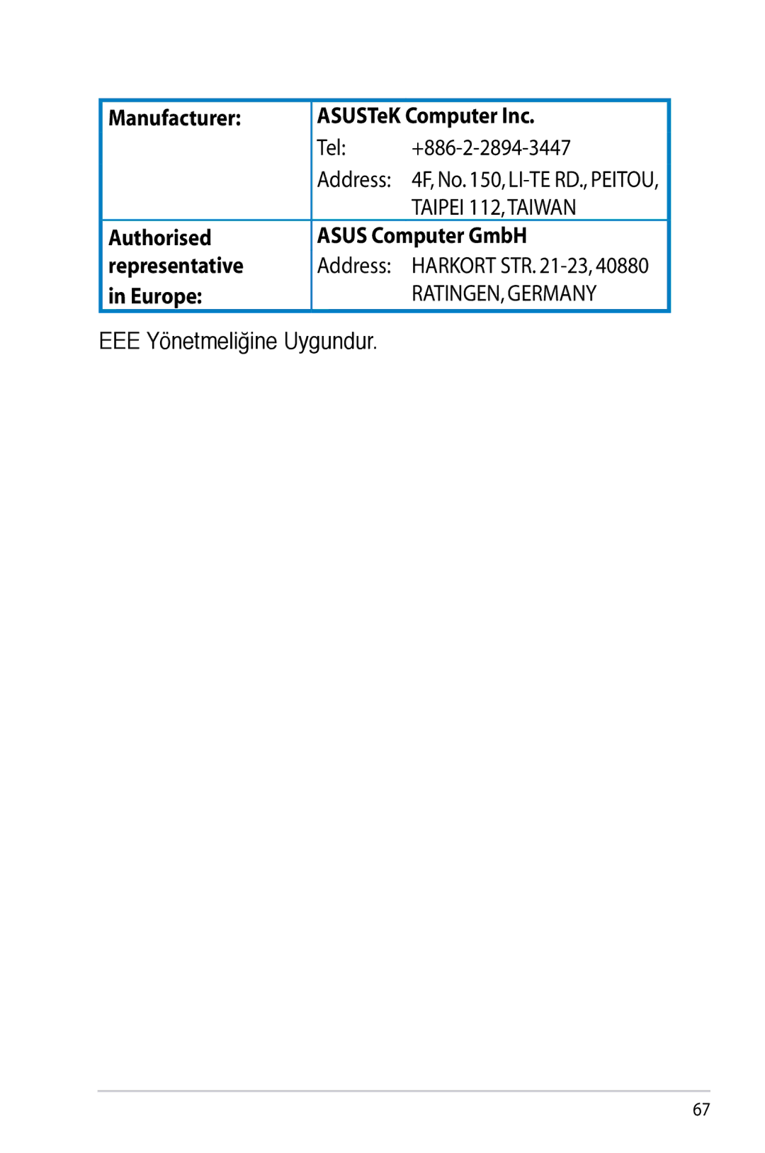 Asus RTN12D1 Manufacturer ASUSTeK Computer Inc Tel +886-2-2894-3447, Authorised Asus Computer GmbH Representative, Europe 