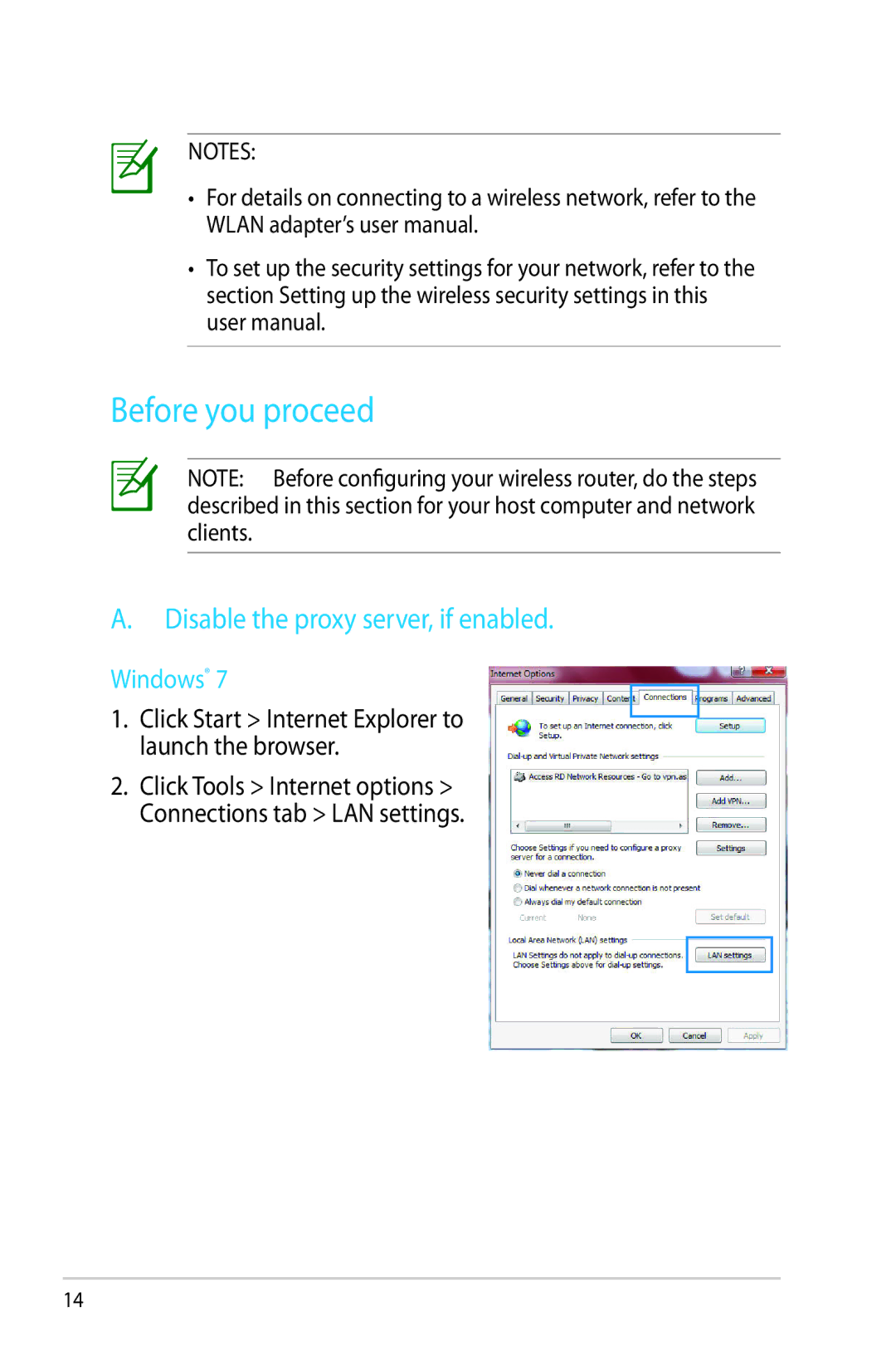 Asus RT-N53 manual Before you proceed, Disable the proxy server, if enabled, Windows 