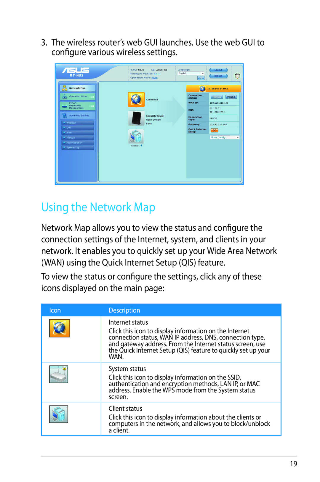 Asus RT-N53 manual Using the Network Map, Icon Description 