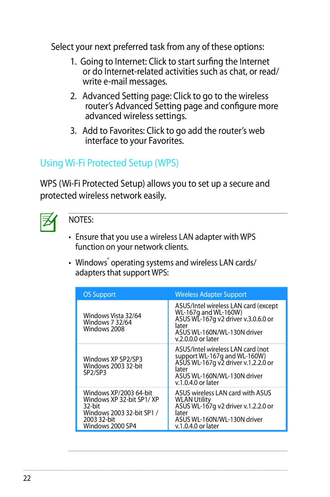 Asus RT-N53 manual Using Wi-Fi Protected Setup WPS, OS Support Wireless Adapter Support 