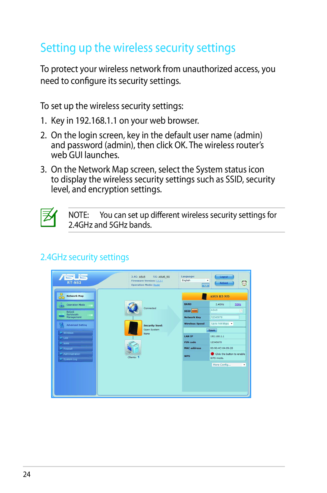 Asus RT-N53 manual Setting up the wireless security settings, 4GHz security settings 