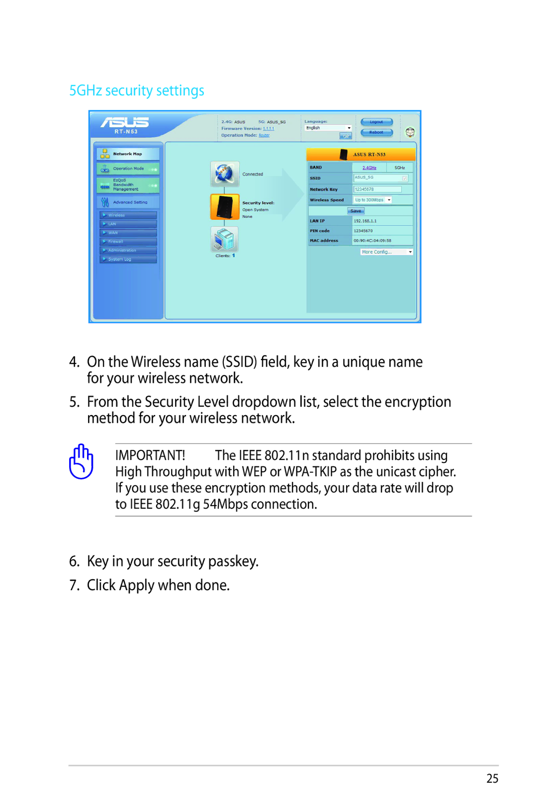 Asus RT-N53 manual 5GHz security settings 