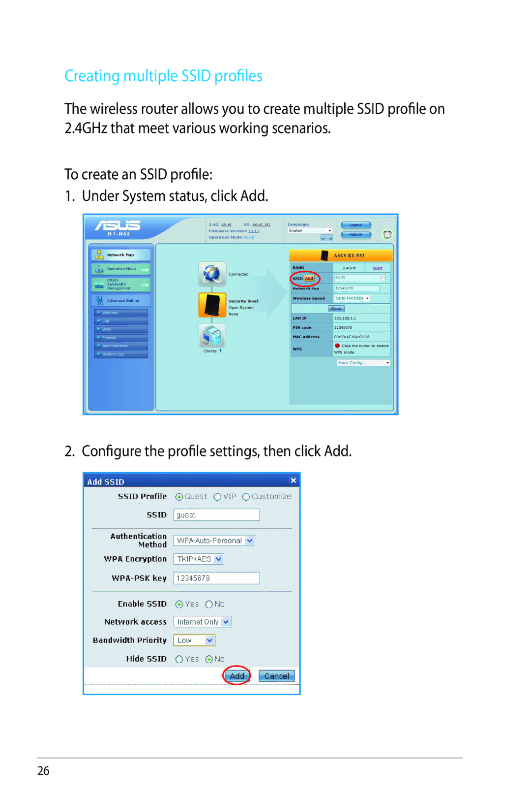 Asus RT-N53 manual Creating multiple Ssid profiles 