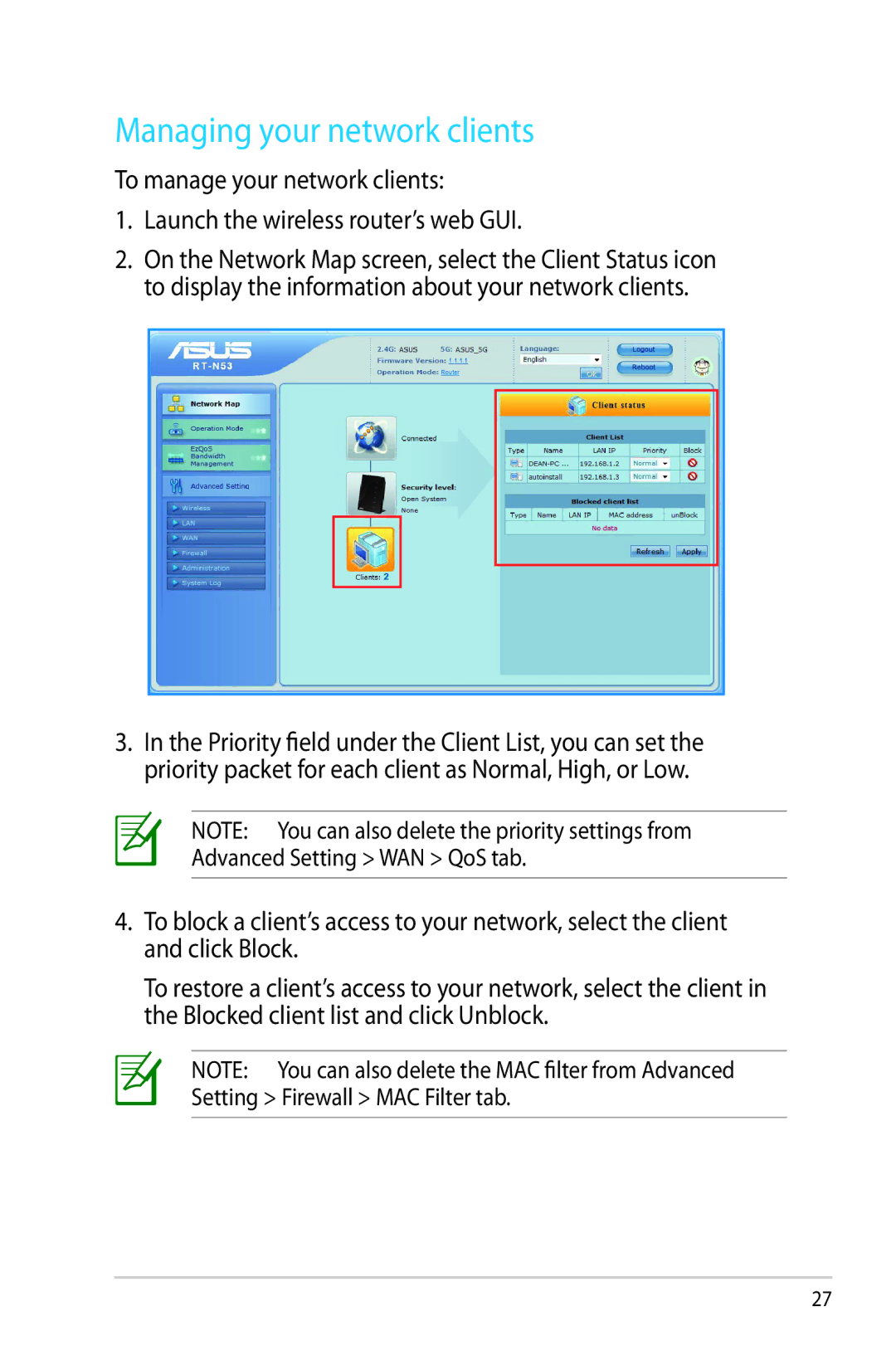 Asus RT-N53 manual Managing your network clients 